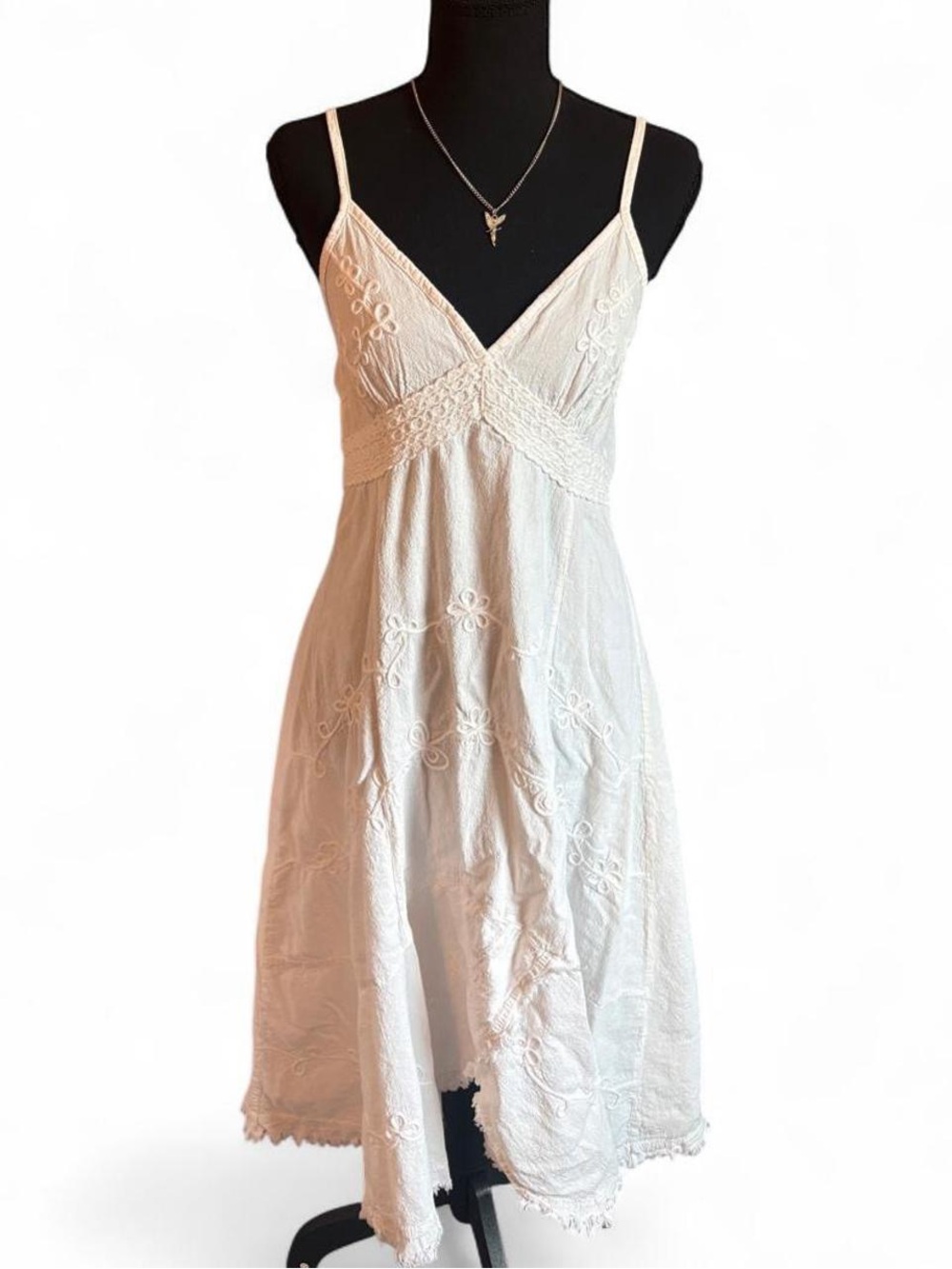 Giocam Bohemian White Embroidered Spaghetti-Strap Dress, Size Large
